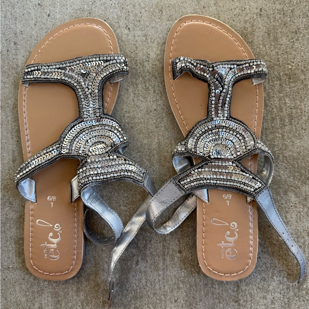 Chic Silver and Tan Beaded Sandals
